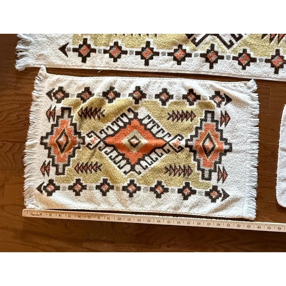 Vintage Cannon Orange Tribal Aztec Southwest 3 Pc Hand Bath Wash Towel Set